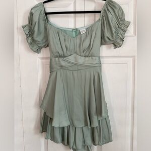 SELFIE LESLIE Sage Green Off the Shoulder Romper with Cup Sleeves
